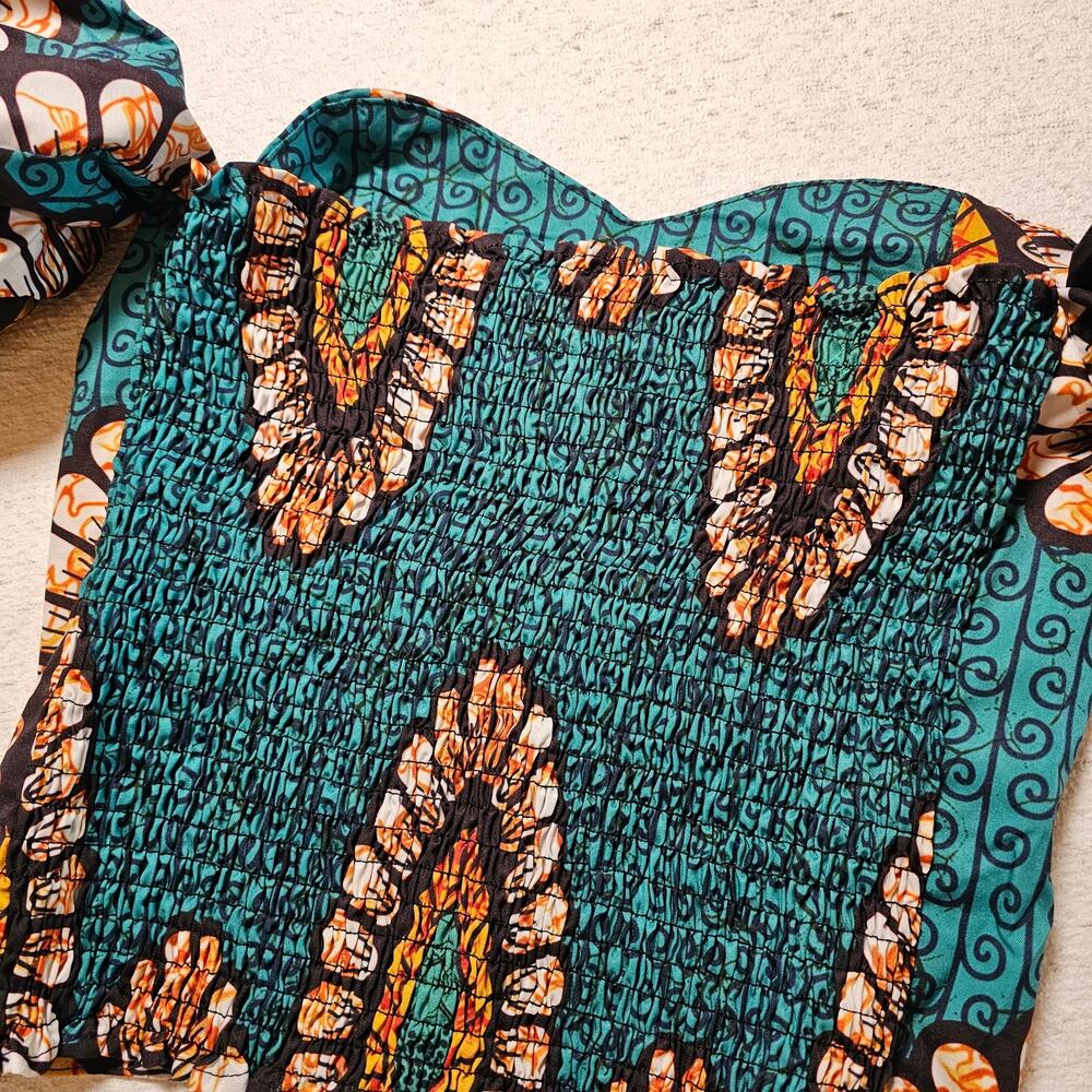 African Floral Size S Puff Sleeve Crop Top Smocked Boho Festival Y2K Cottagecore - Picture 5 of 15